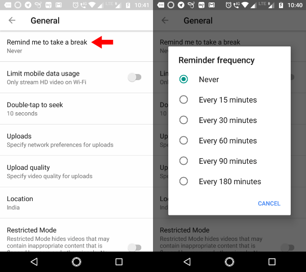 YouTube remind me to take a break, pausa
