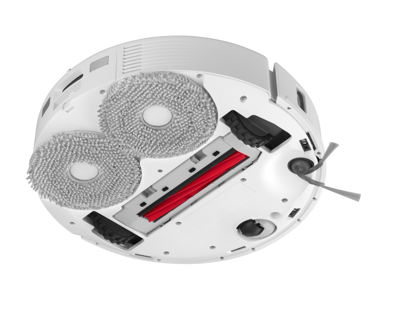 Vista inferiore del Qrevo S Pro: spazzola in gomma, spazzola laterale anti-groviglio e doppi panni rotanti