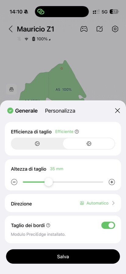 Le preferenze di taglio: efficienza, altezza in millimetri, direzione e attivazione del modulo PreciEdge per il taglio dei bordi.