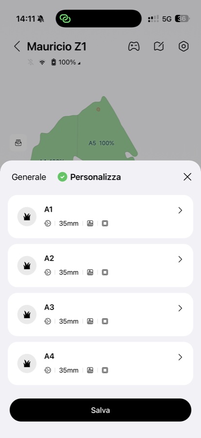 Personalizzazione delle preferenze di taglio per singola zona: ogni area può avere altezza e modalità diverse.