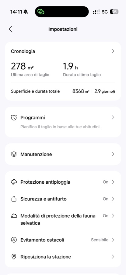 La schermata di overview con superficie cumulata, durata totale di lavoro, stato dei moduli principali e accesso a tutte le configurazioni.