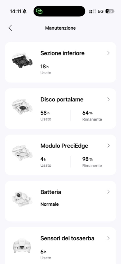 La sezione manutenzione dell'app traccia le ore di utilizzo di ogni componente e indica la percentuale di vita residua.