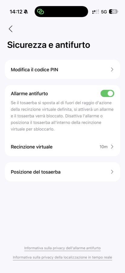 Sicurezza e antifurto: PIN, allarme, recinzione virtuale a 10 m, tracciamento posizione.