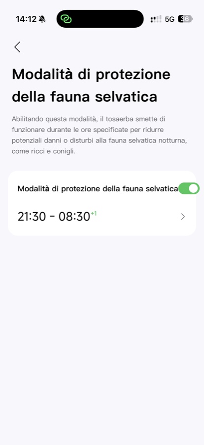Modalità di protezione della fauna selvatica: finestra notturna in cui il robot non taglia, configurabile da app.