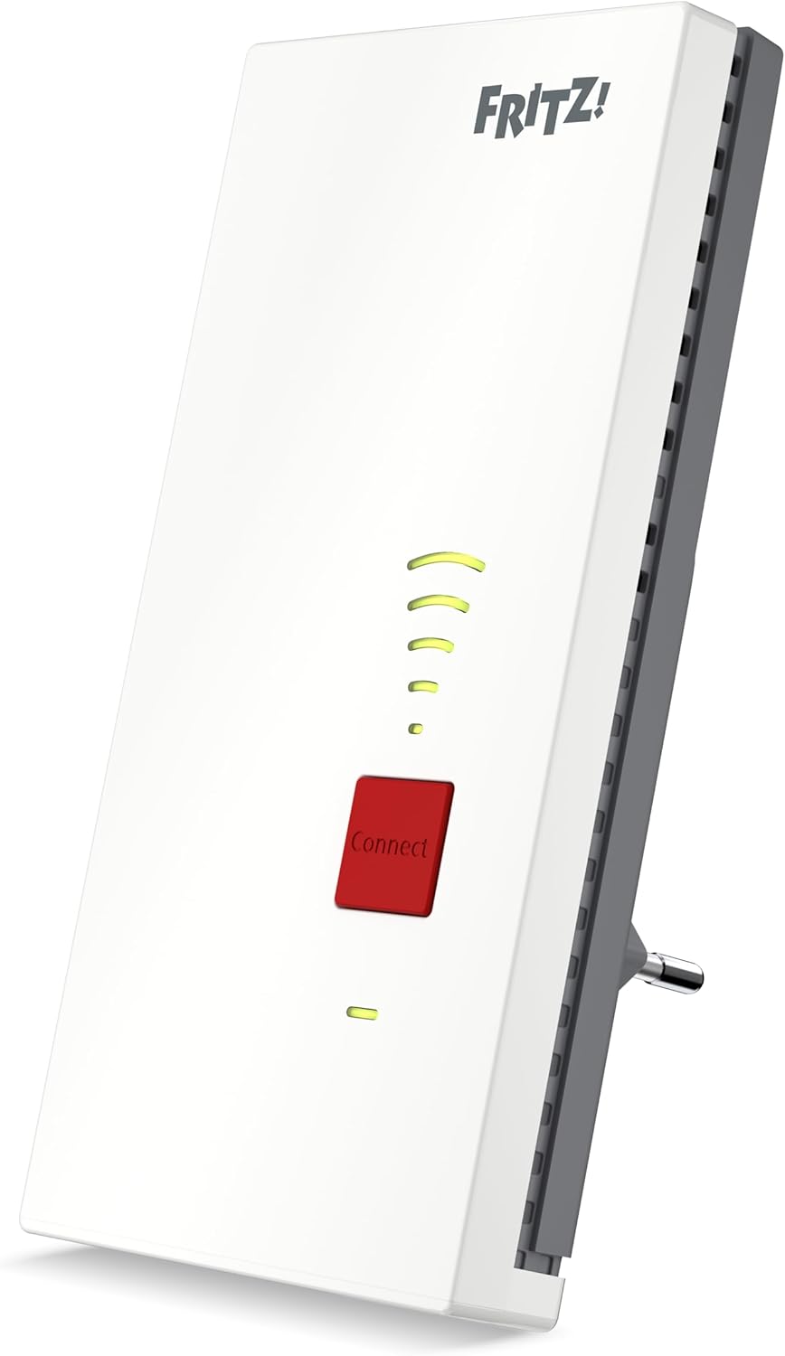 FRITZ!Repeater 2700 vista 3/4 con LED segnale, pulsante Connect e spina europea