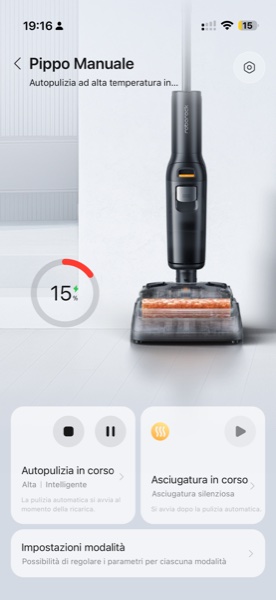 App Roborock: schermata principale con autopulizia e asciugatura