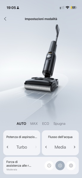 App Roborock: modalita, potenza aspirazione e flusso acqua