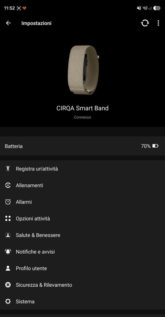 Impostazioni del Garmin Cirqa in Garmin Connect con la batteria al 70 per cento e le voci allarmi, notifiche, salute e sistema