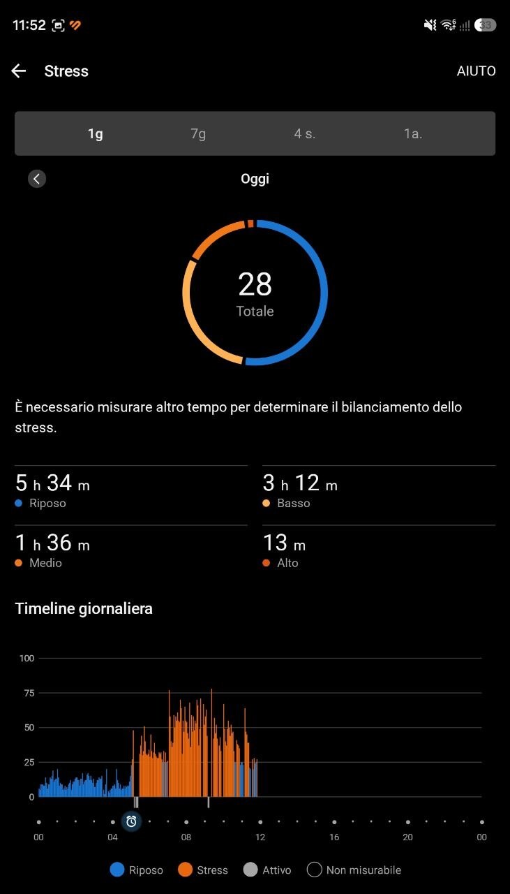 Livello di stress giornaliero in Garmin Connect: totale 28, con riposo notturno in blu e picchi di stress al mattino