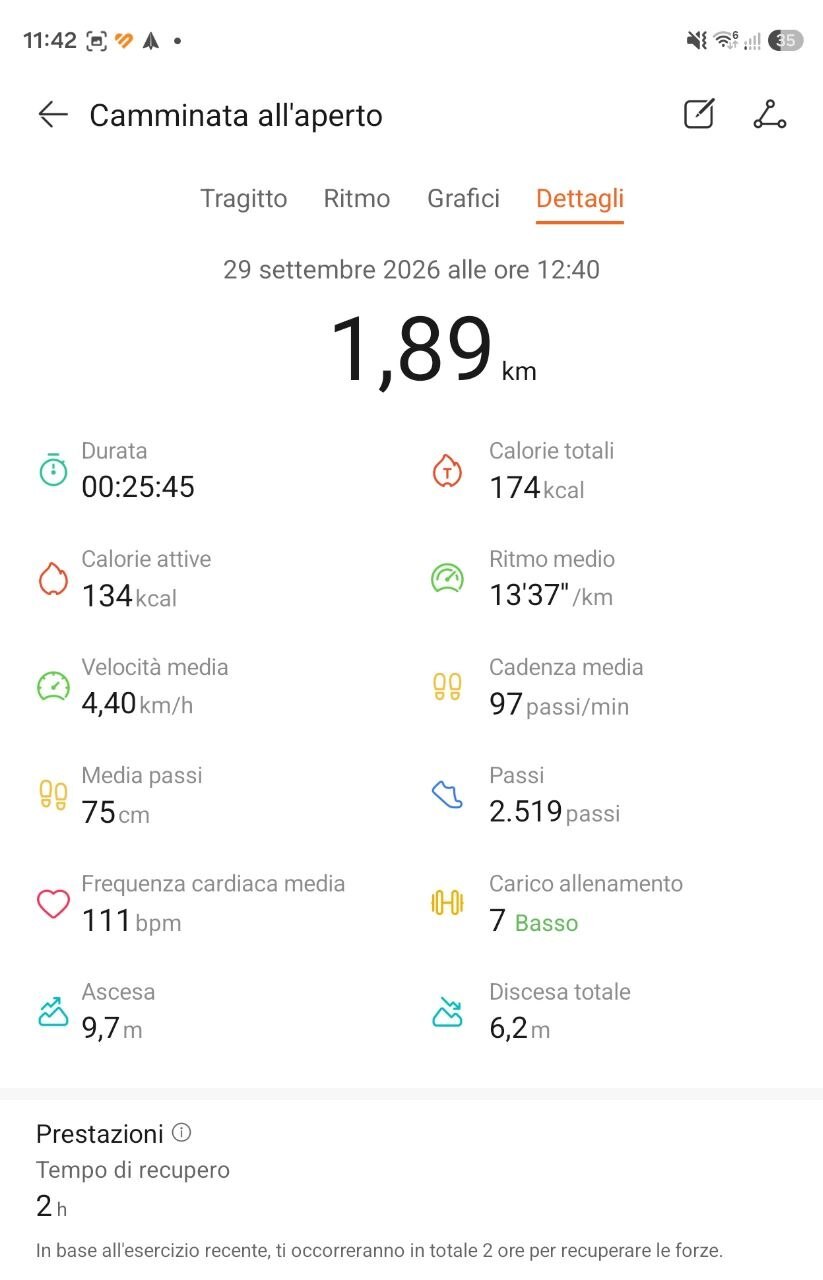 Dettagli di una camminata all'aperto registrata con Huawei Watch D3: 1,89 km in 25 minuti, 2.519 passi, frequenza cardiaca media 111 bpm