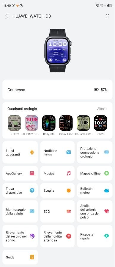 Pagina del Huawei Watch D3 nell'app Huawei Health con quadranti, notifiche, ECG, analisi dell'aritmia, rilevamento della rigidità arteriosa e altre funzioni